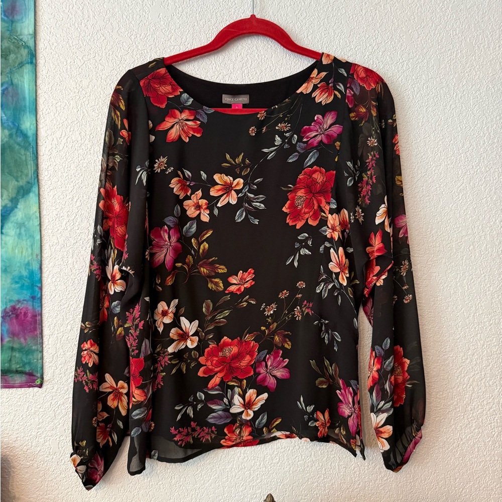 Vince Camuto Black Blouse with Sheer Sleeves; Red, Orange, & Pink Flowers